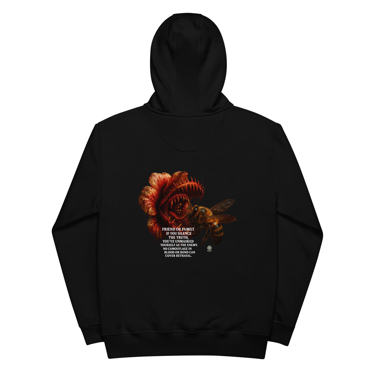 Hoodie from Honest Hustle World — BLOOM Trap & Truth flower-and-bee graphic, back view