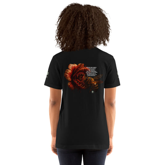 Tee from Honest Hustle World — BLOOM Trap & Truth flower-and-bee graphic, back view