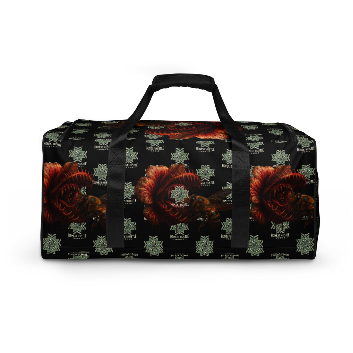 Duffle from Honest Hustle World — BLOOM Trap & Truth flower-and-bee graphic, back view