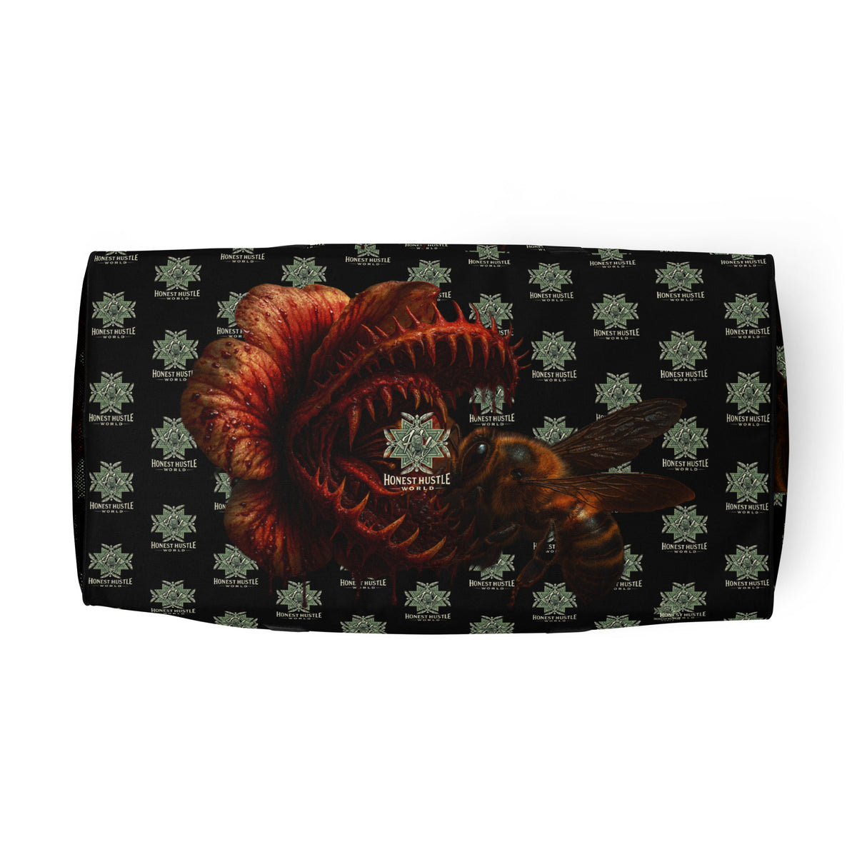 Duffle from Honest Hustle World — BLOOM Trap & Truth flower-and-bee graphic, bottom view