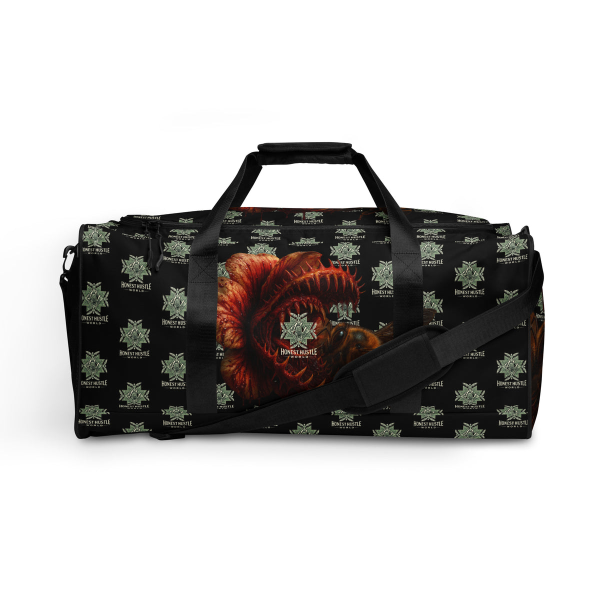 Duffle from Honest Hustle World — BLOOM Trap & Truth flower-and-bee graphic, front view