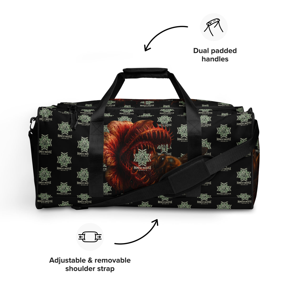 Duffle from Honest Hustle World — BLOOM Trap & Truth flower-and-bee graphic, front view