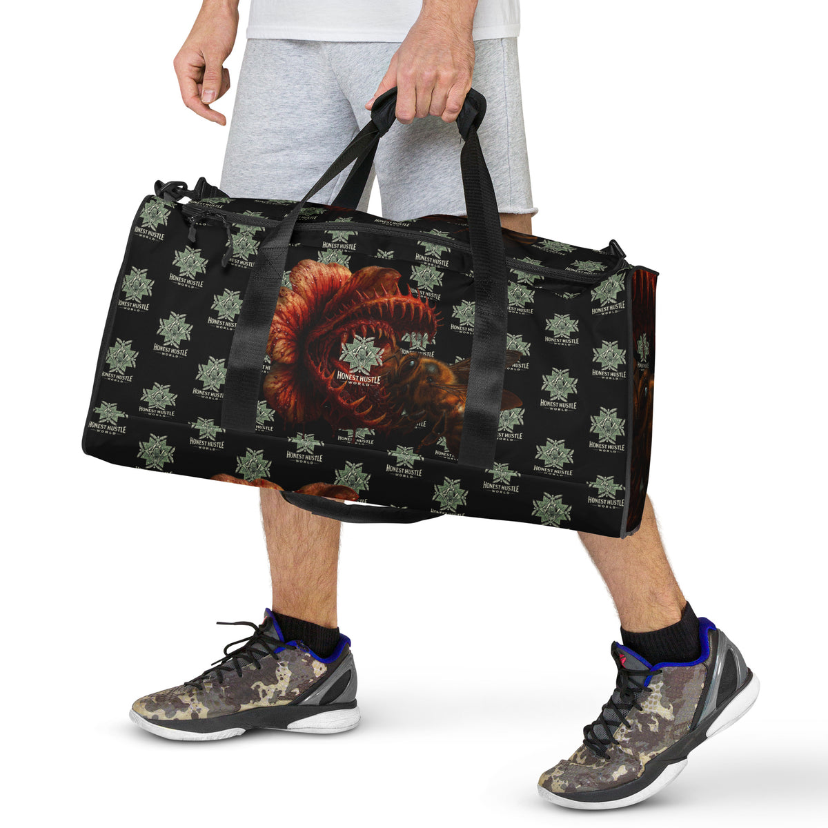 Duffle from Honest Hustle World — BLOOM Trap & Truth flower-and-bee graphic, front view