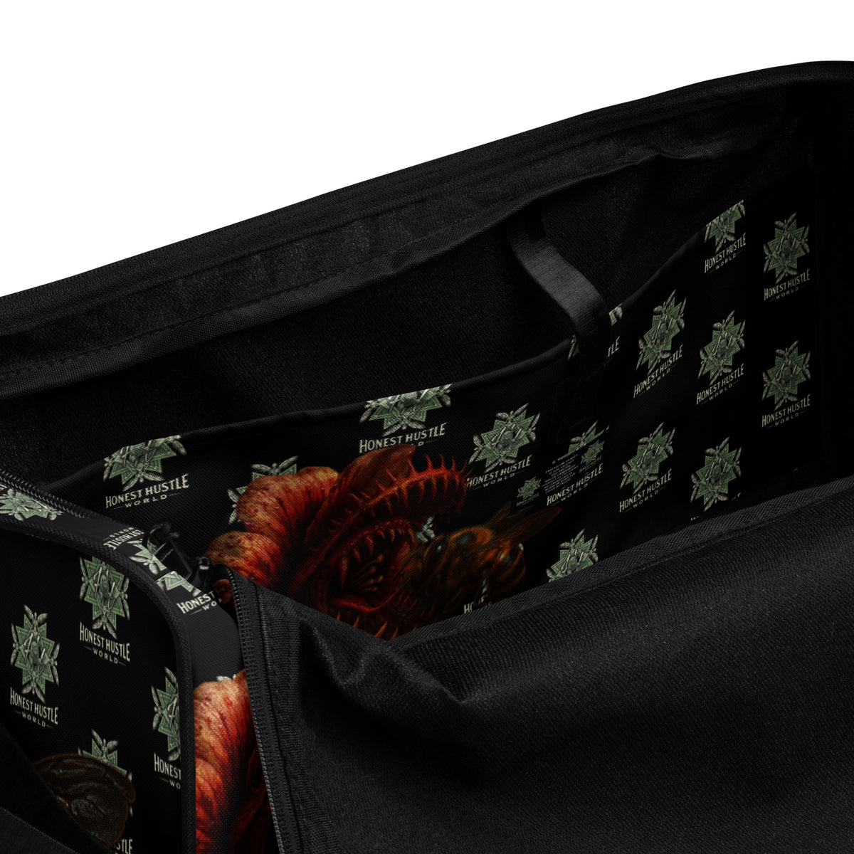 Duffle from Honest Hustle World — BLOOM Trap & Truth flower-and-bee graphic, interior pocket detail