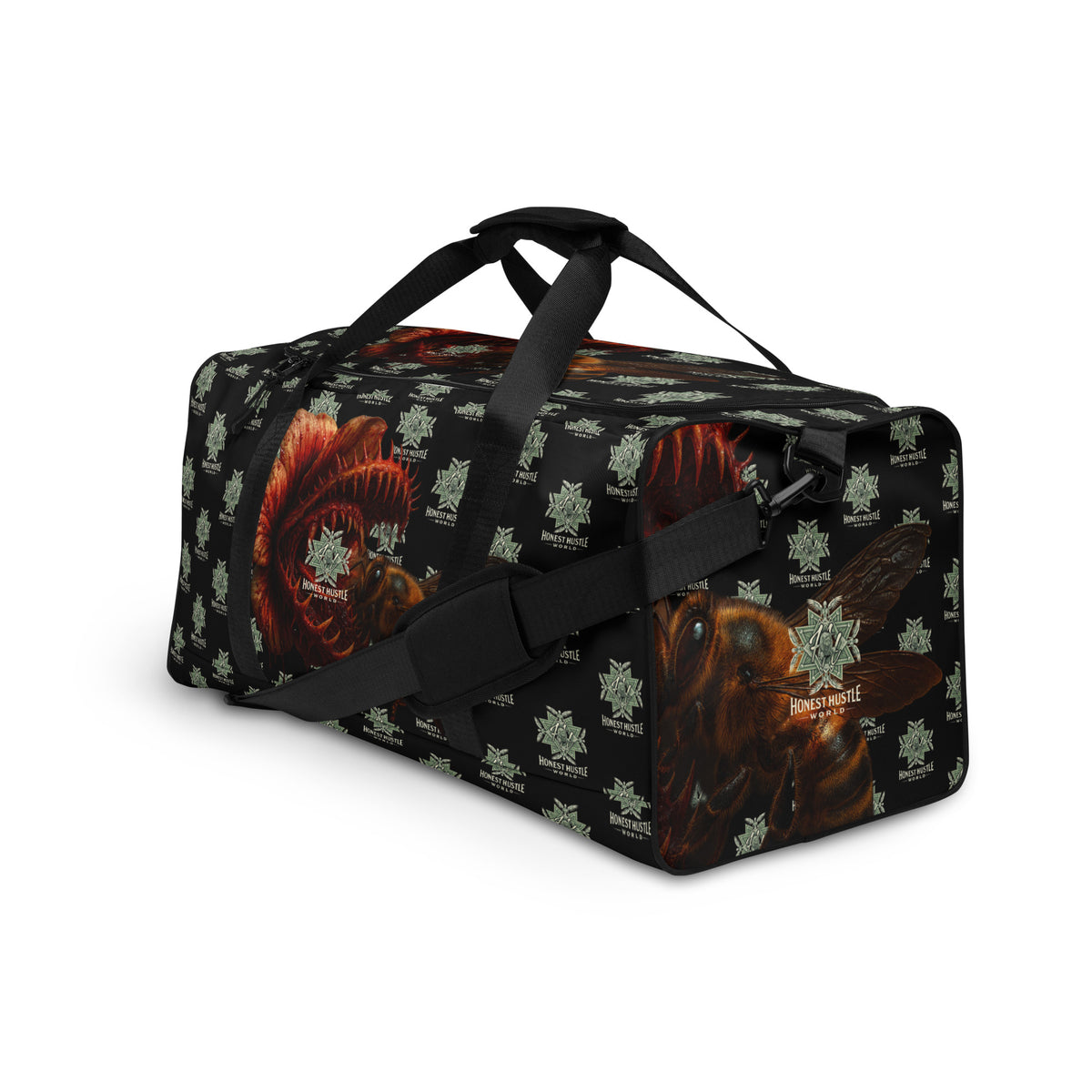 Duffle from Honest Hustle World — BLOOM Trap & Truth flower-and-bee graphic, left-front view