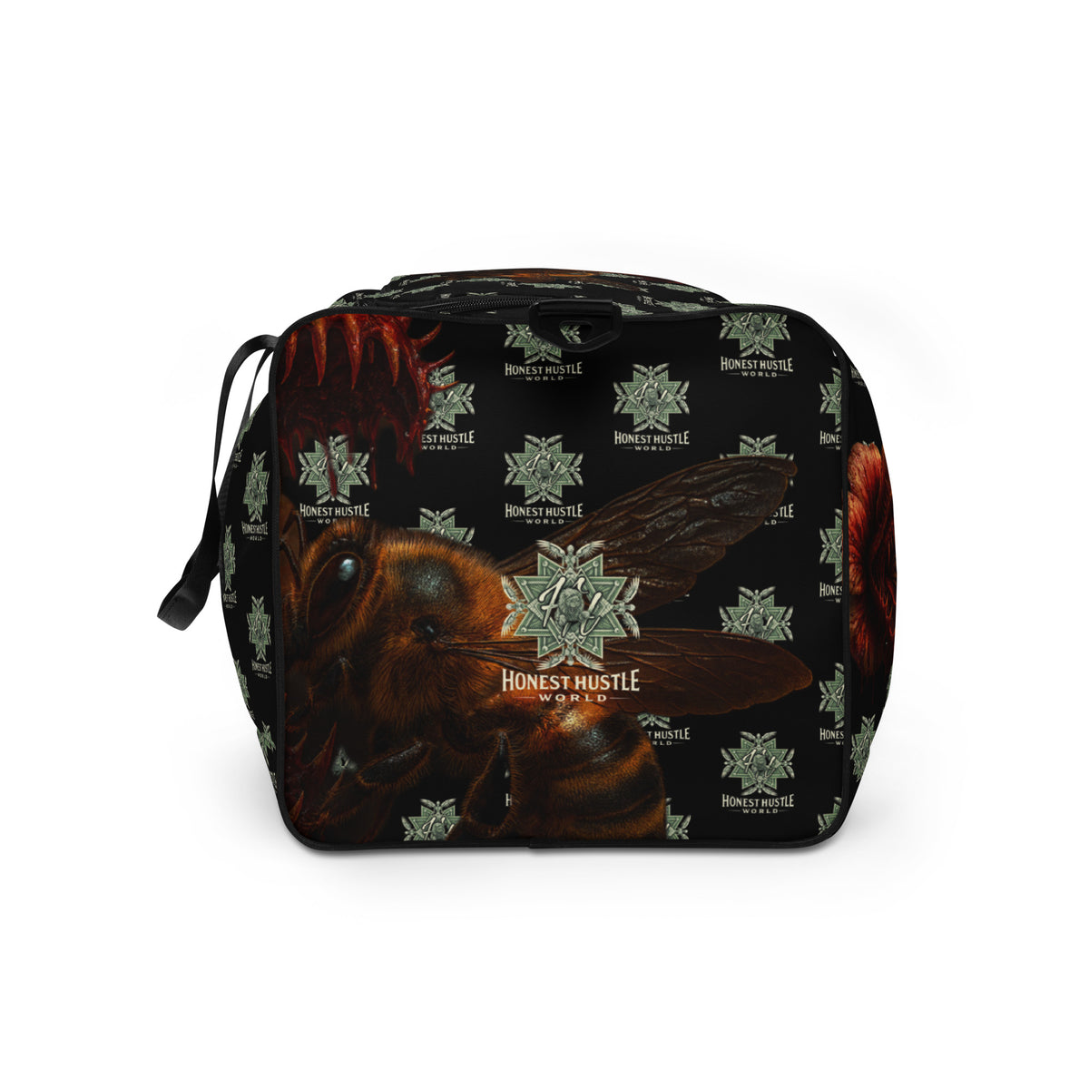 Duffle from Honest Hustle World — BLOOM Trap & Truth flower-and-bee graphic, left side view