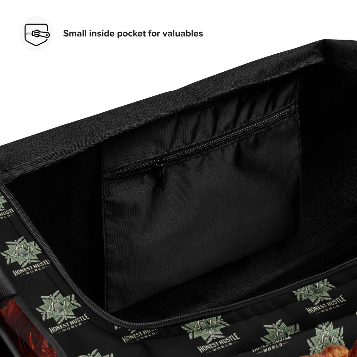 Duffle from Honest Hustle World — BLOOM Trap & Truth flower-and-bee graphic, product detail view