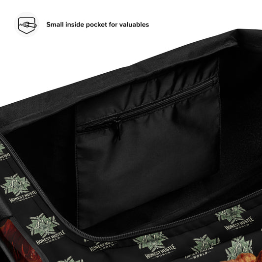 Duffle from Honest Hustle World — BLOOM Trap & Truth flower-and-bee graphic, product detail view