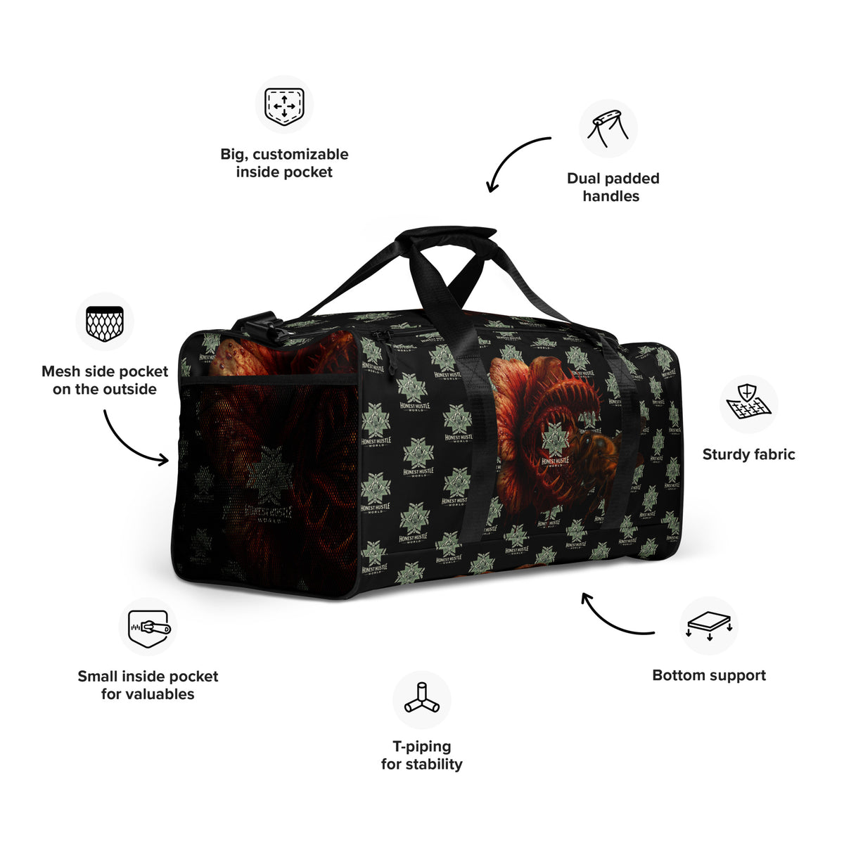 Duffle from Honest Hustle World — BLOOM Trap & Truth flower-and-bee graphic, right-front view