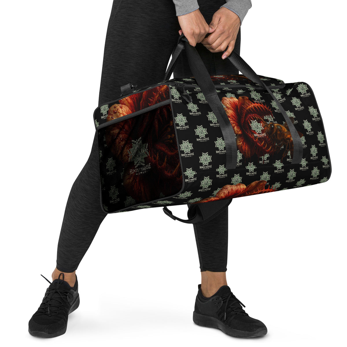Duffle from Honest Hustle World — BLOOM Trap & Truth flower-and-bee graphic, right-front view