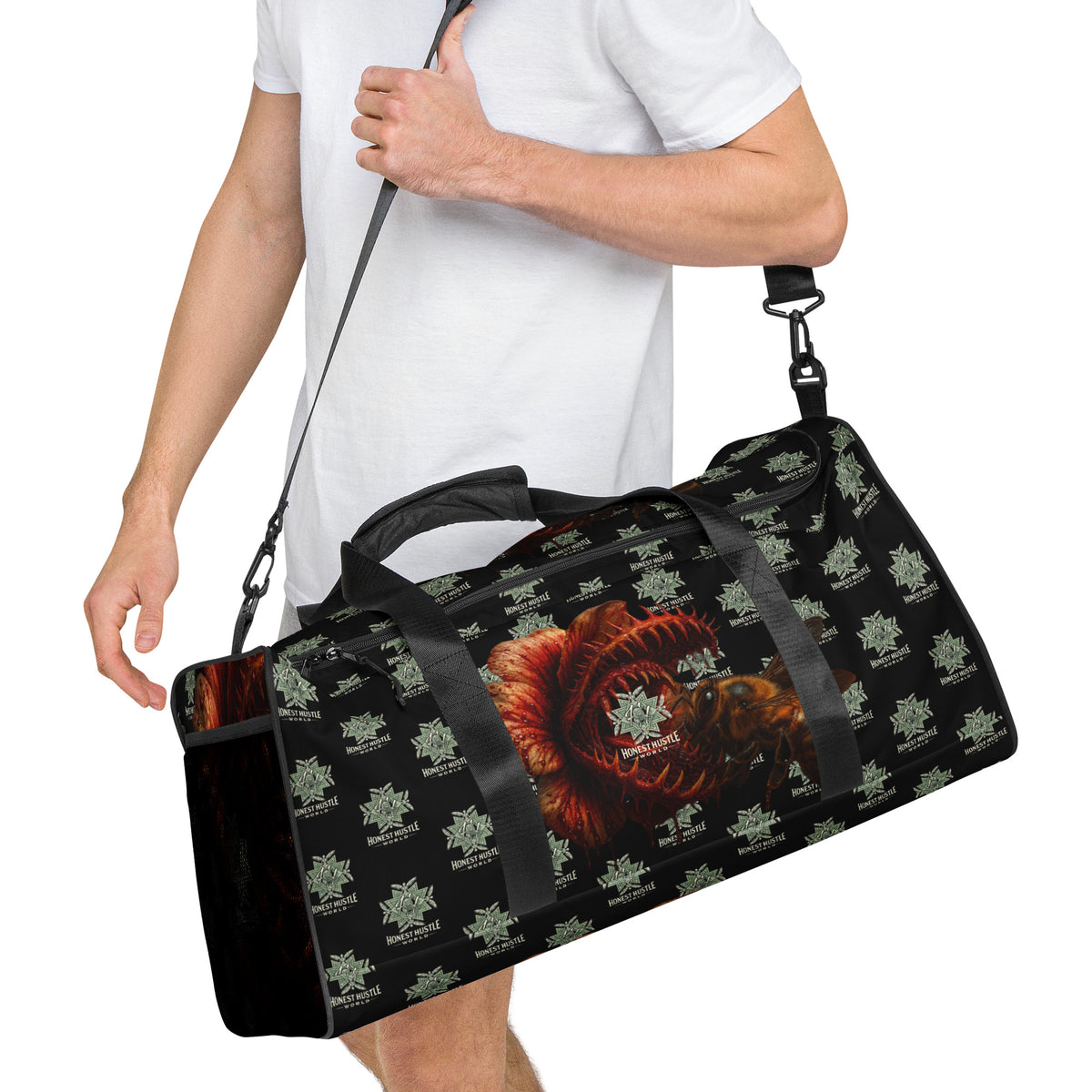 Duffle from Honest Hustle World — BLOOM Trap & Truth flower-and-bee graphic, right-front view