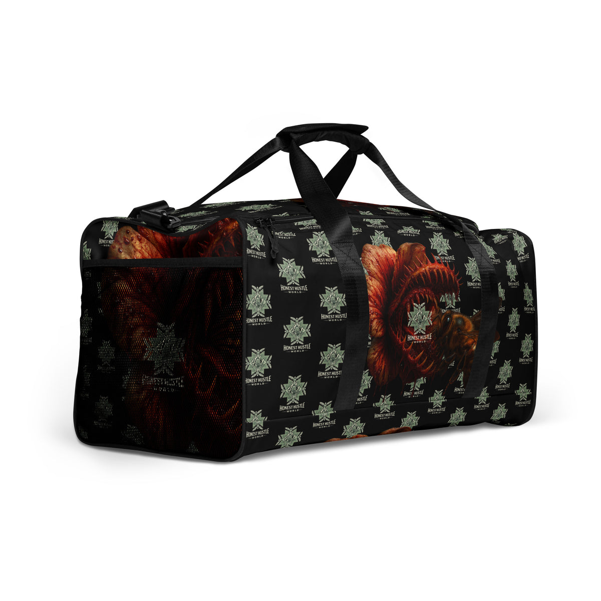 Duffle from Honest Hustle World — BLOOM Trap & Truth flower-and-bee graphic, right-front view