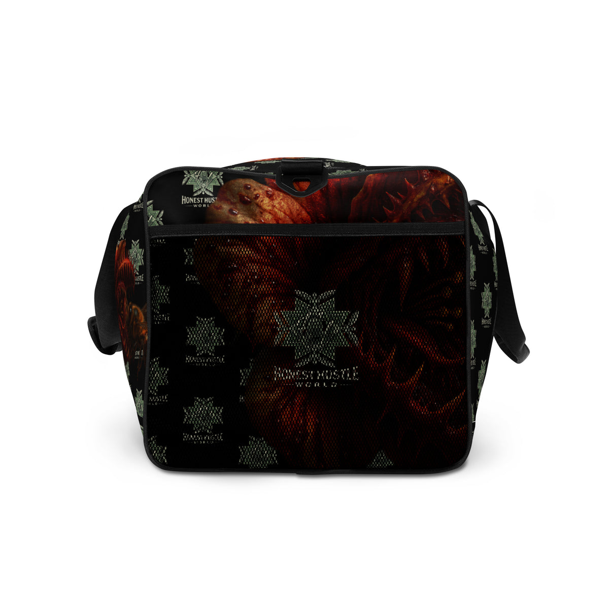 Duffle from Honest Hustle World — BLOOM Trap & Truth flower-and-bee graphic, right side view