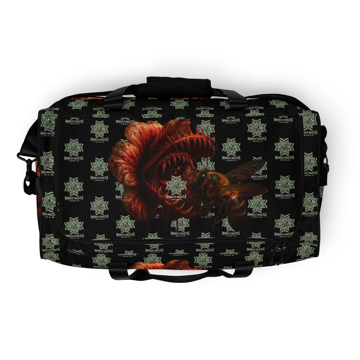 Duffle from Honest Hustle World — BLOOM Trap & Truth flower-and-bee graphic, top view