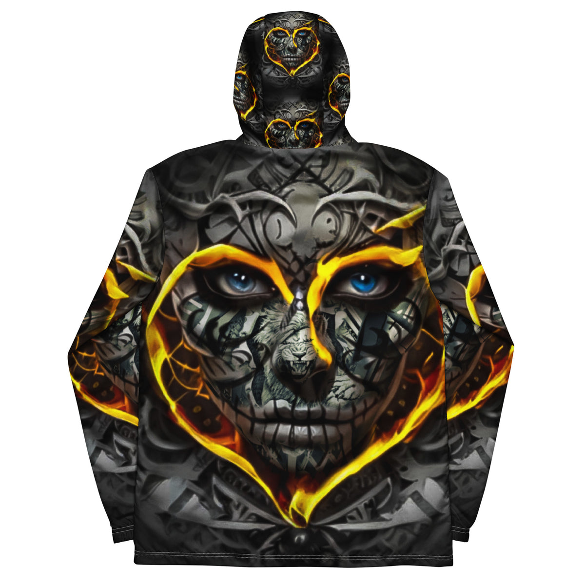 Inferno Skull Vision windbreaker by Honest Hustle World with skull-and-flame graphic, back view
