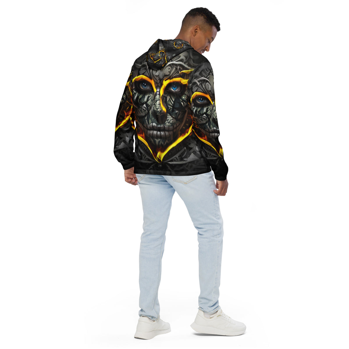Inferno Skull Vision windbreaker by Honest Hustle World with skull-and-flame graphic, back view