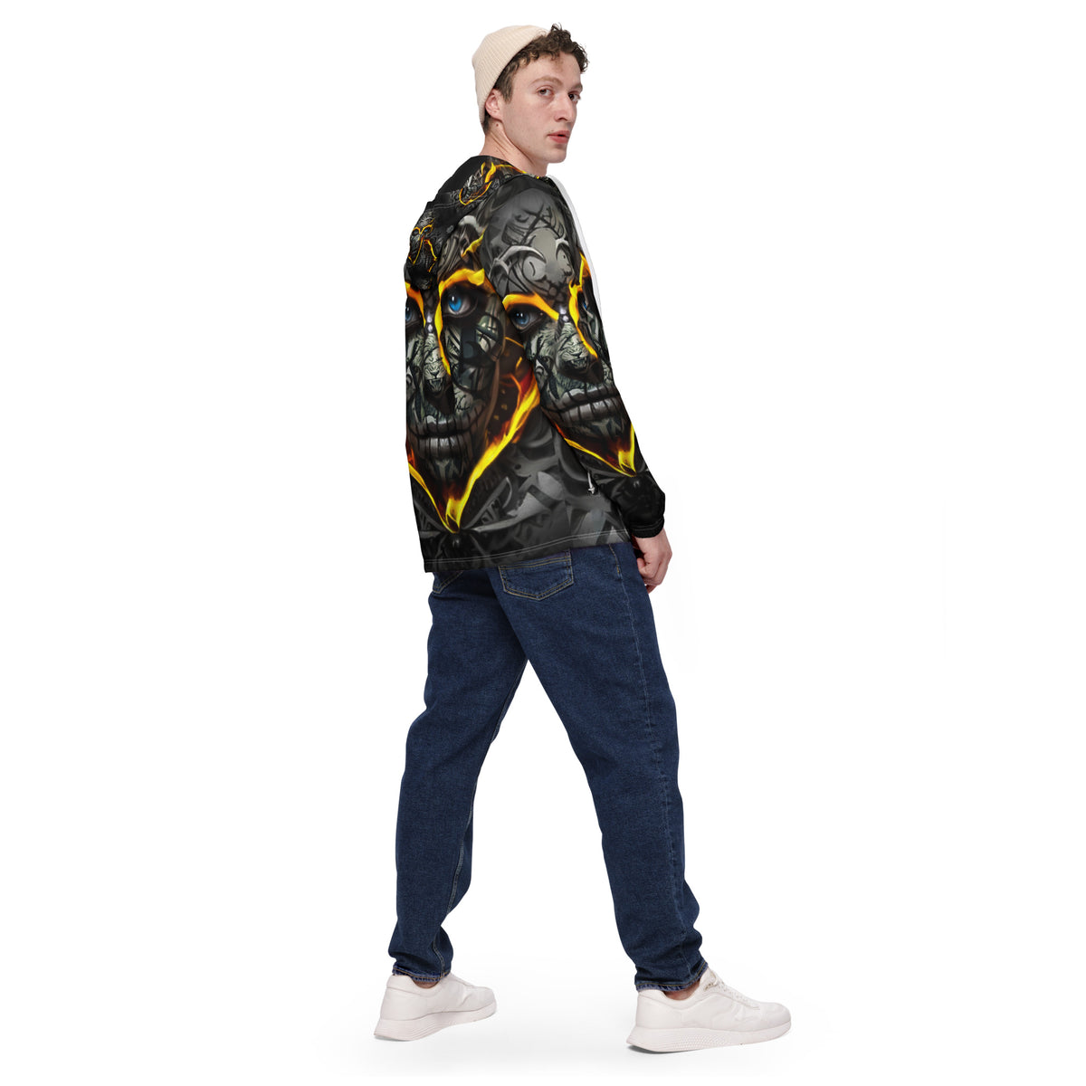 Inferno Skull Vision windbreaker by Honest Hustle World with skull-and-flame graphic, back view