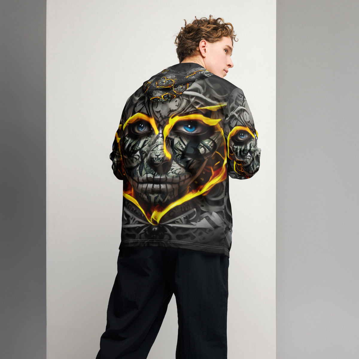 Inferno Skull Vision windbreaker by Honest Hustle World with skull-and-flame graphic, back view