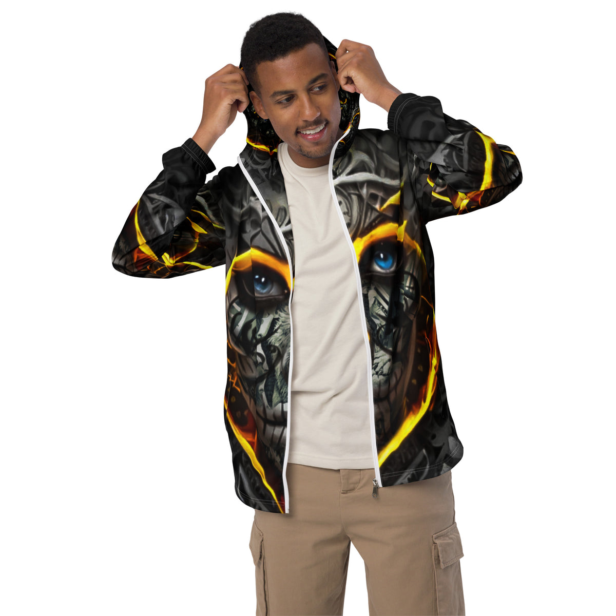 Inferno Skull Vision windbreaker by Honest Hustle World with skull-and-flame graphic, front view