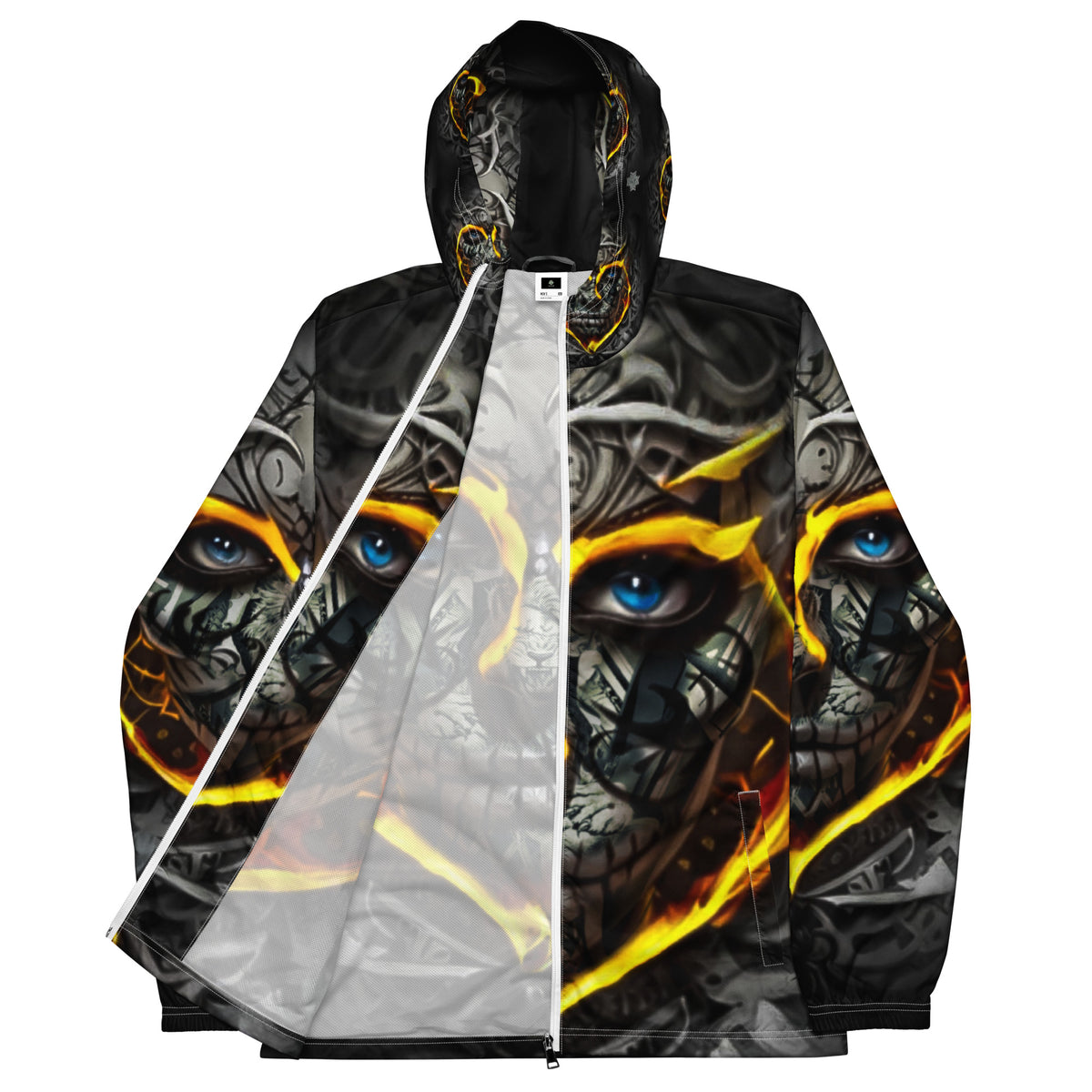 Inferno Skull Vision windbreaker by Honest Hustle World with skull-and-flame graphic, front view