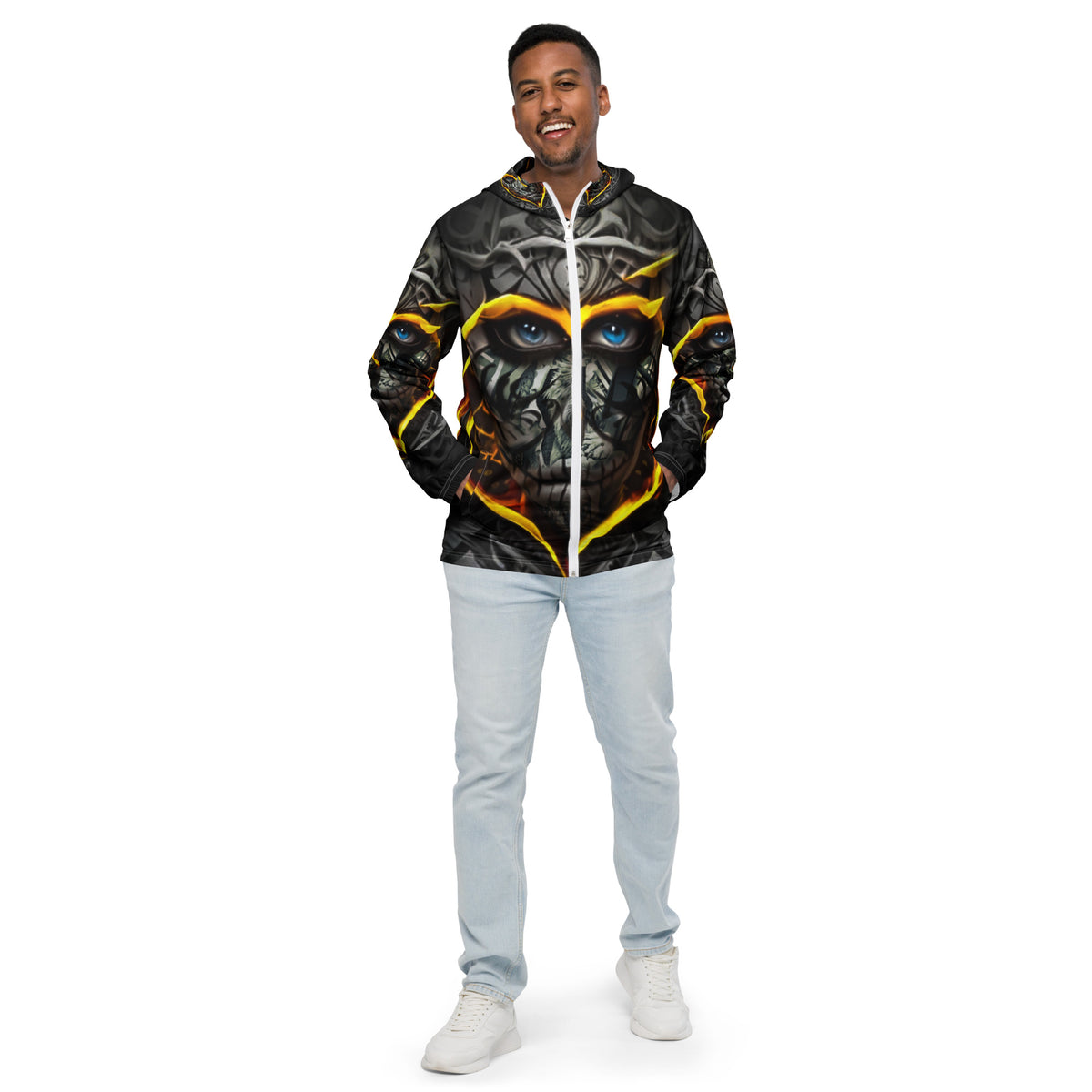 Inferno Skull Vision windbreaker by Honest Hustle World with skull-and-flame graphic, front view