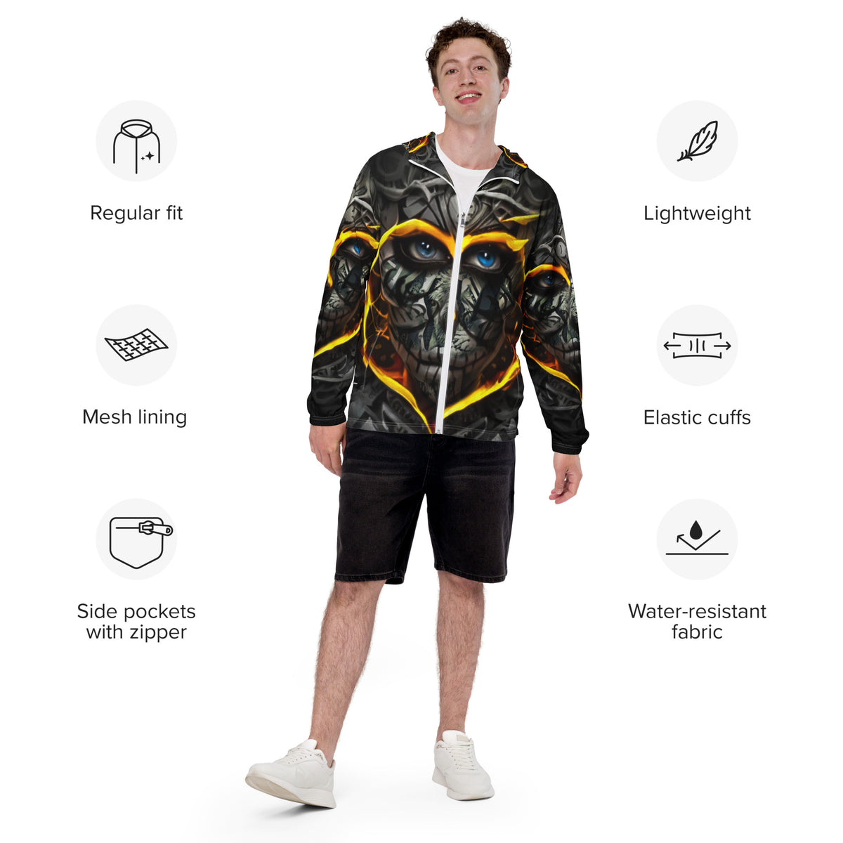 Inferno Skull Vision windbreaker by Honest Hustle World with skull-and-flame graphic, front view