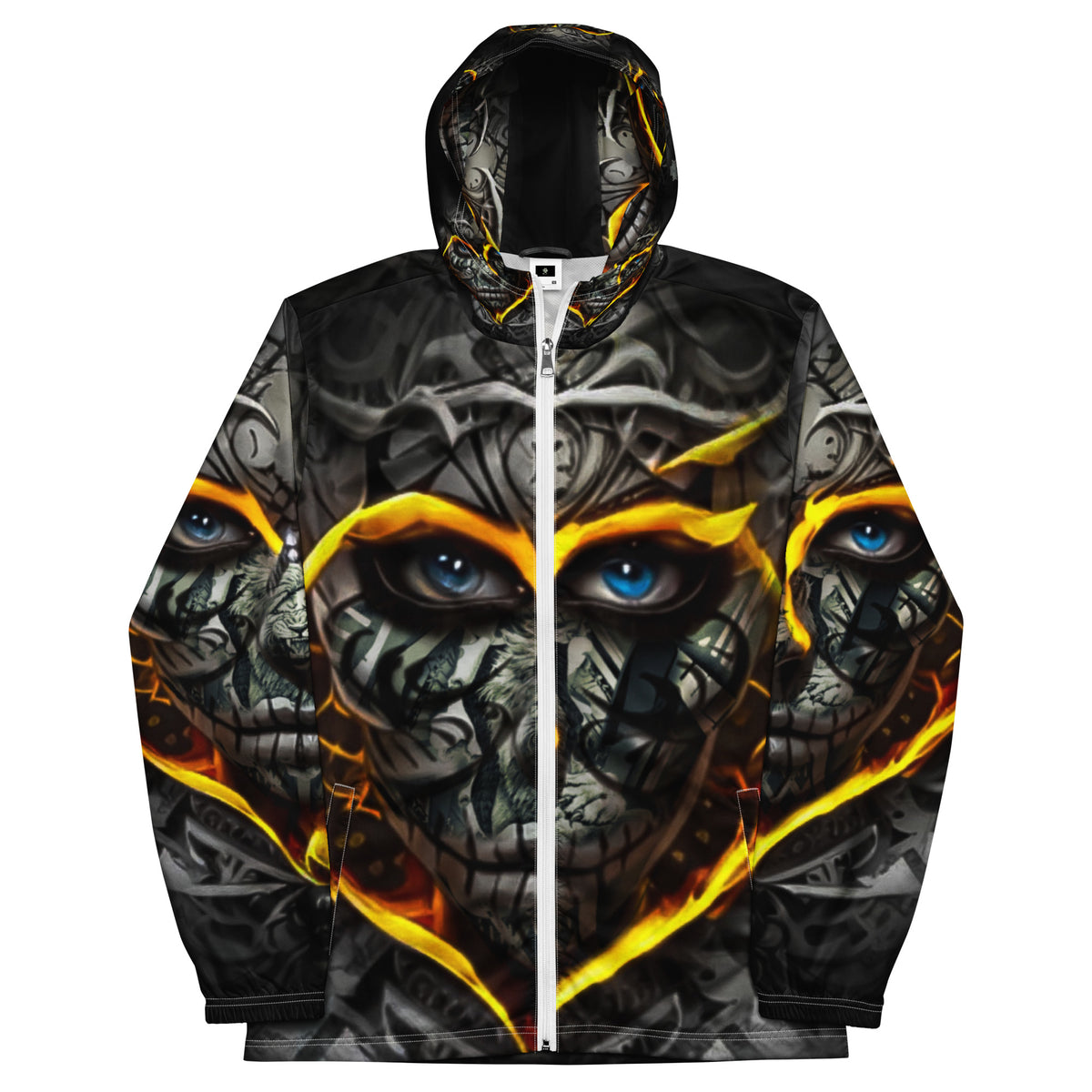 Inferno Skull Vision windbreaker by Honest Hustle World with skull-and-flame graphic, front view