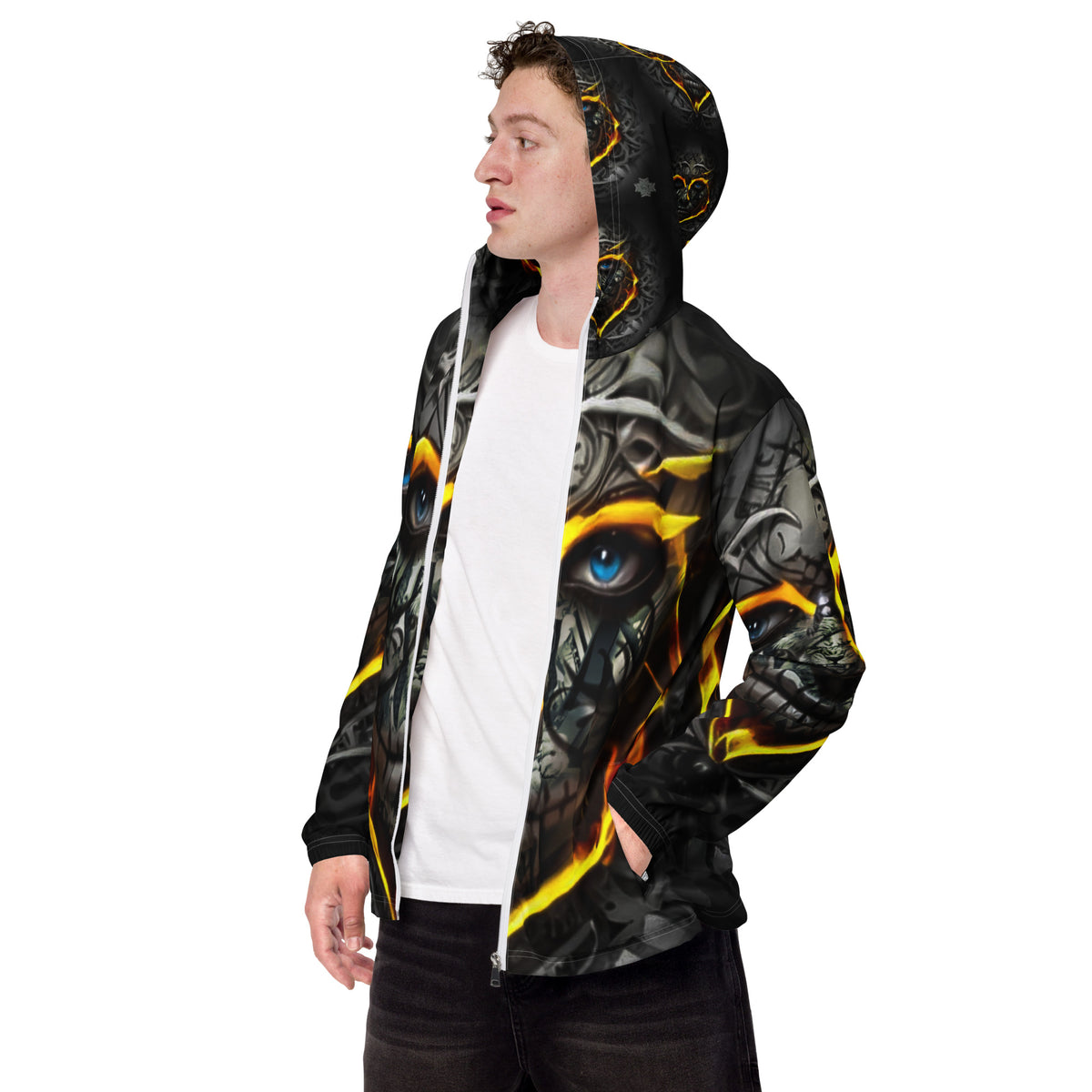 Inferno Skull Vision windbreaker by Honest Hustle World with skull-and-flame graphic, left-front view