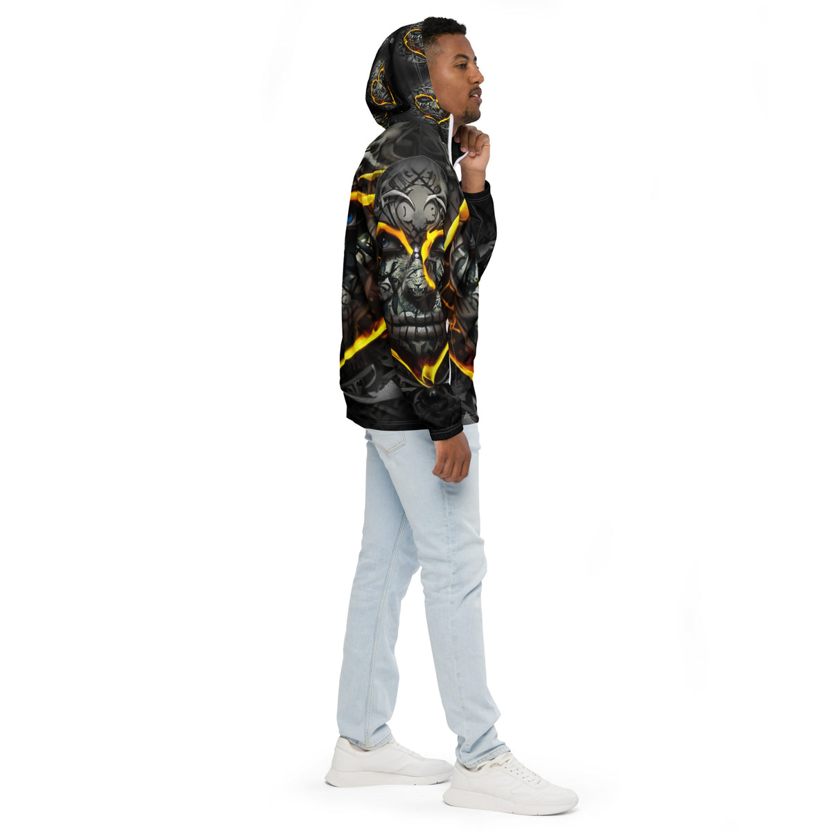Inferno Skull Vision windbreaker by Honest Hustle World with skull-and-flame graphic, right view
