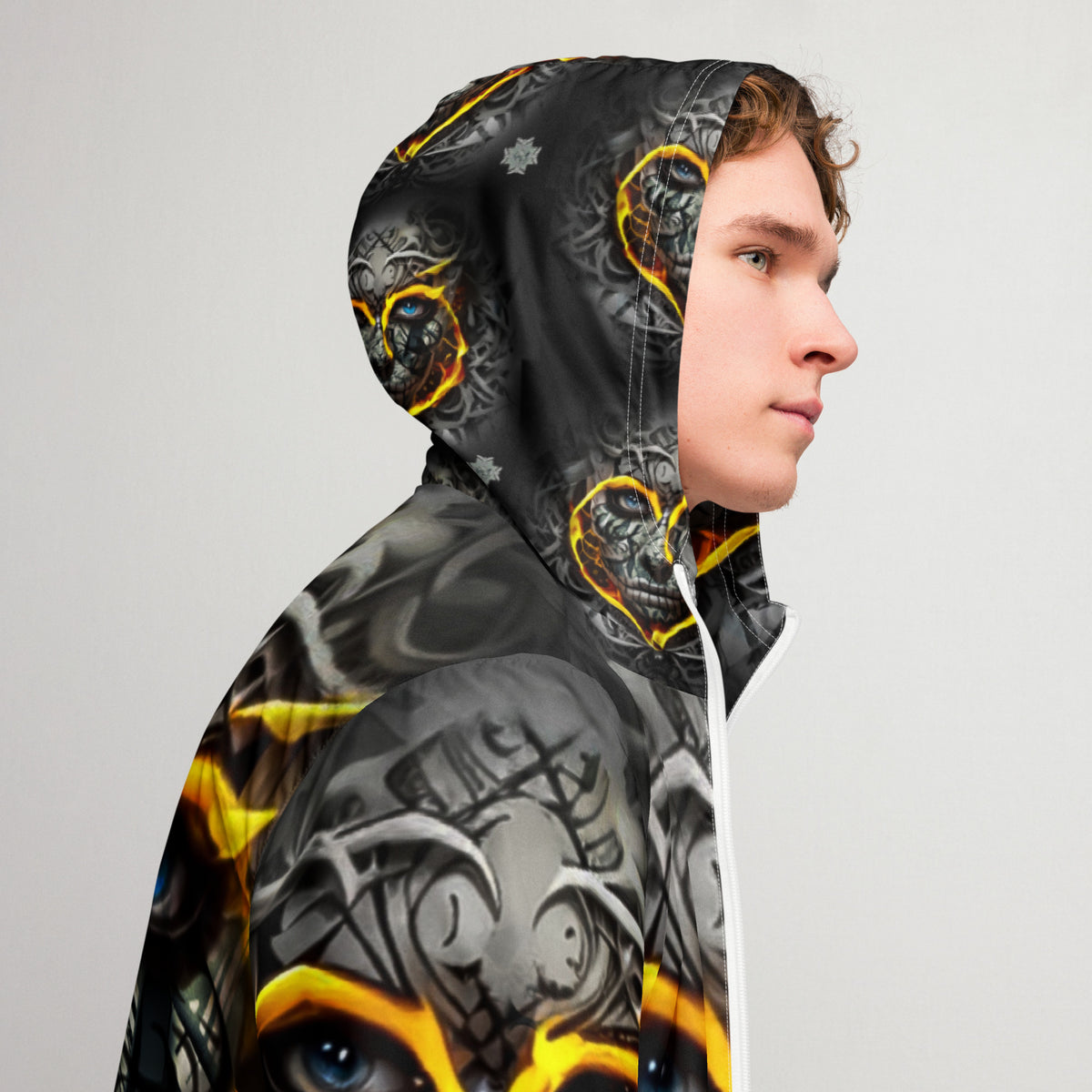 Inferno Skull Vision windbreaker by Honest Hustle World with skull-and-flame graphic, right view