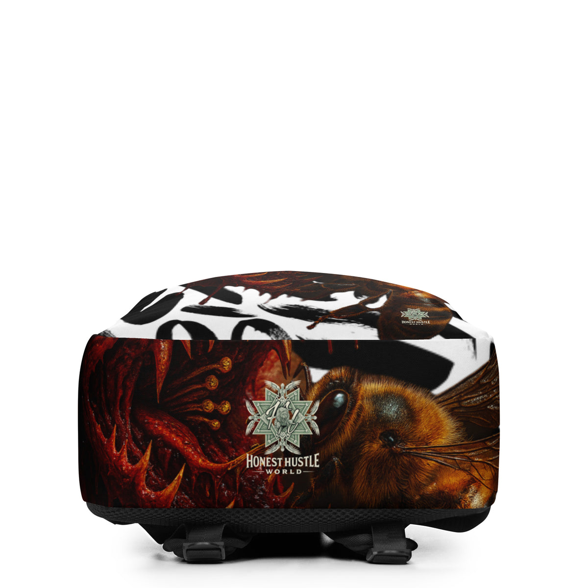 Backpack from Honest Hustle World — BLOOM Trap & Truth flower-and-bee graphic, back view