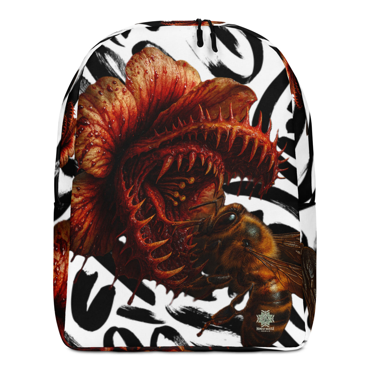 Backpack from Honest Hustle World — BLOOM Trap & Truth flower-and-bee graphic, back view