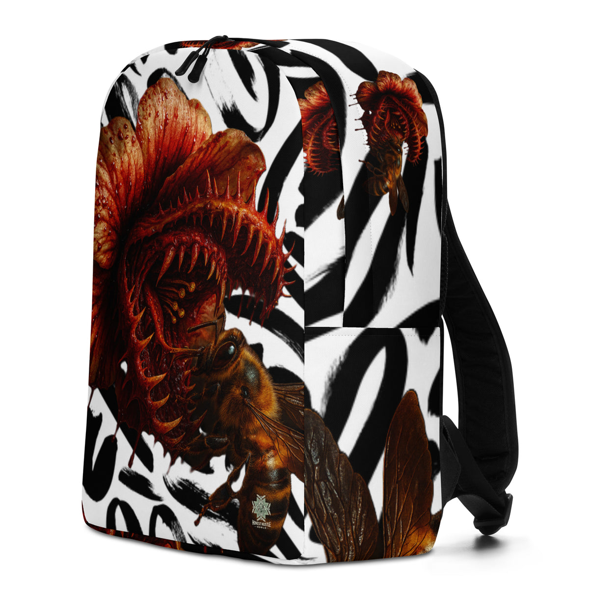 Backpack from Honest Hustle World — BLOOM Trap & Truth flower-and-bee graphic, back view