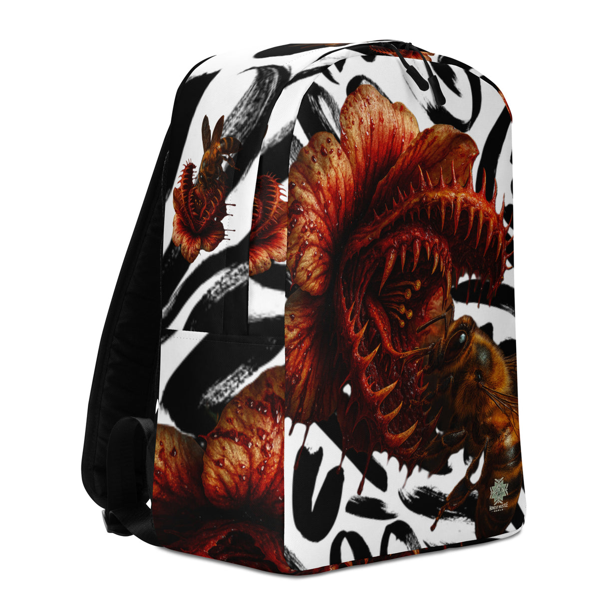 Backpack from Honest Hustle World — BLOOM Trap & Truth flower-and-bee graphic, back view