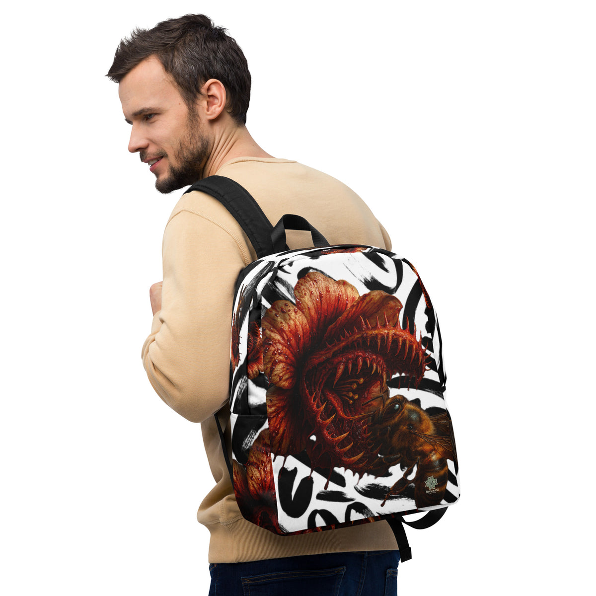 Backpack from Honest Hustle World — BLOOM Trap & Truth flower-and-bee graphic, right-front view