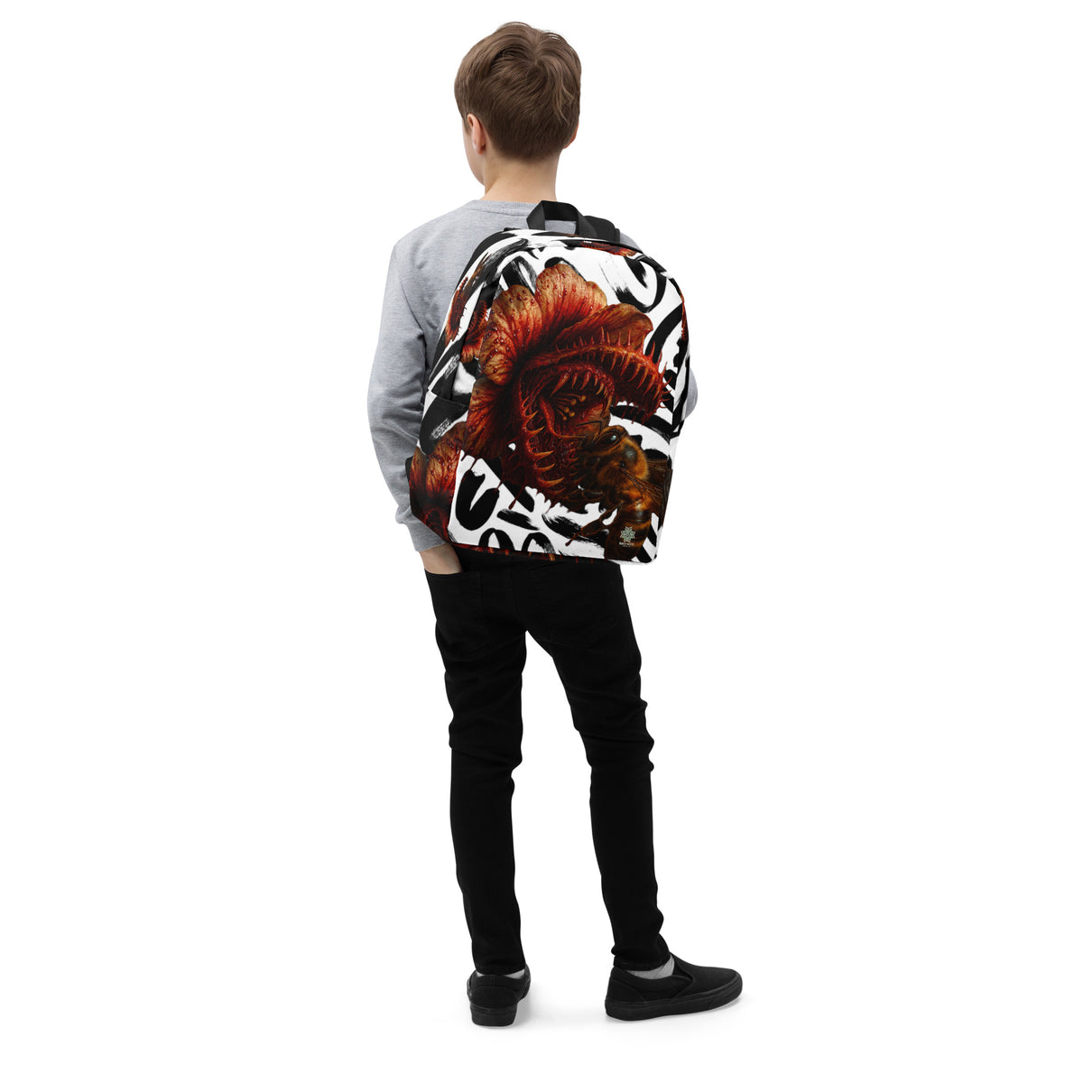 Backpack from Honest Hustle World — BLOOM Trap & Truth flower-and-bee graphic, right-front view