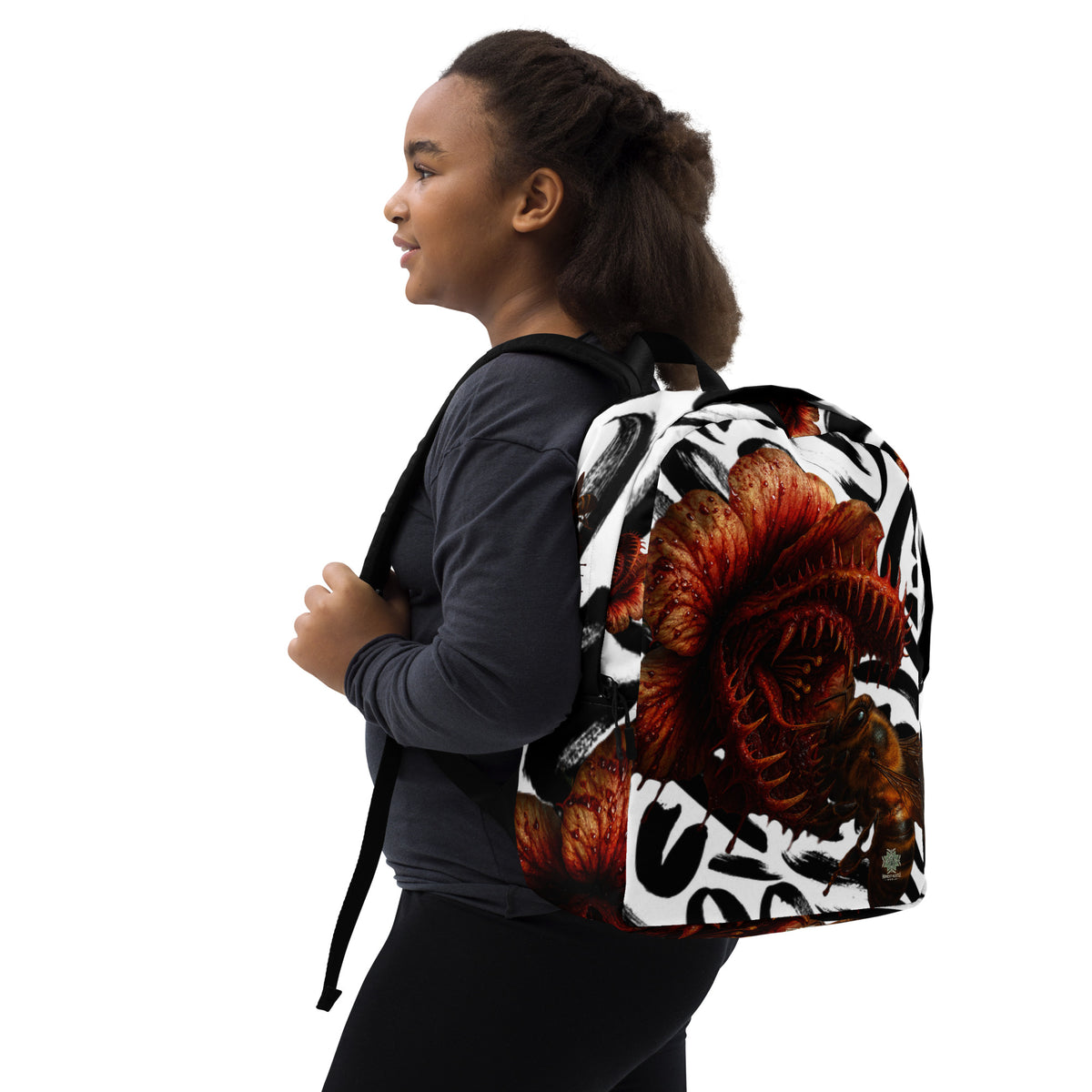 Backpack from Honest Hustle World — BLOOM Trap & Truth flower-and-bee graphic, right-front view