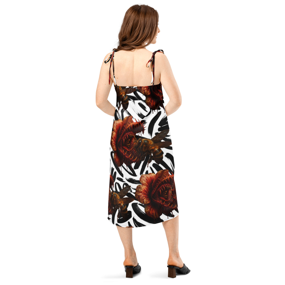 Predator Bloom slip dress by Honest Hustle World with flower-and-bee graphic, back view