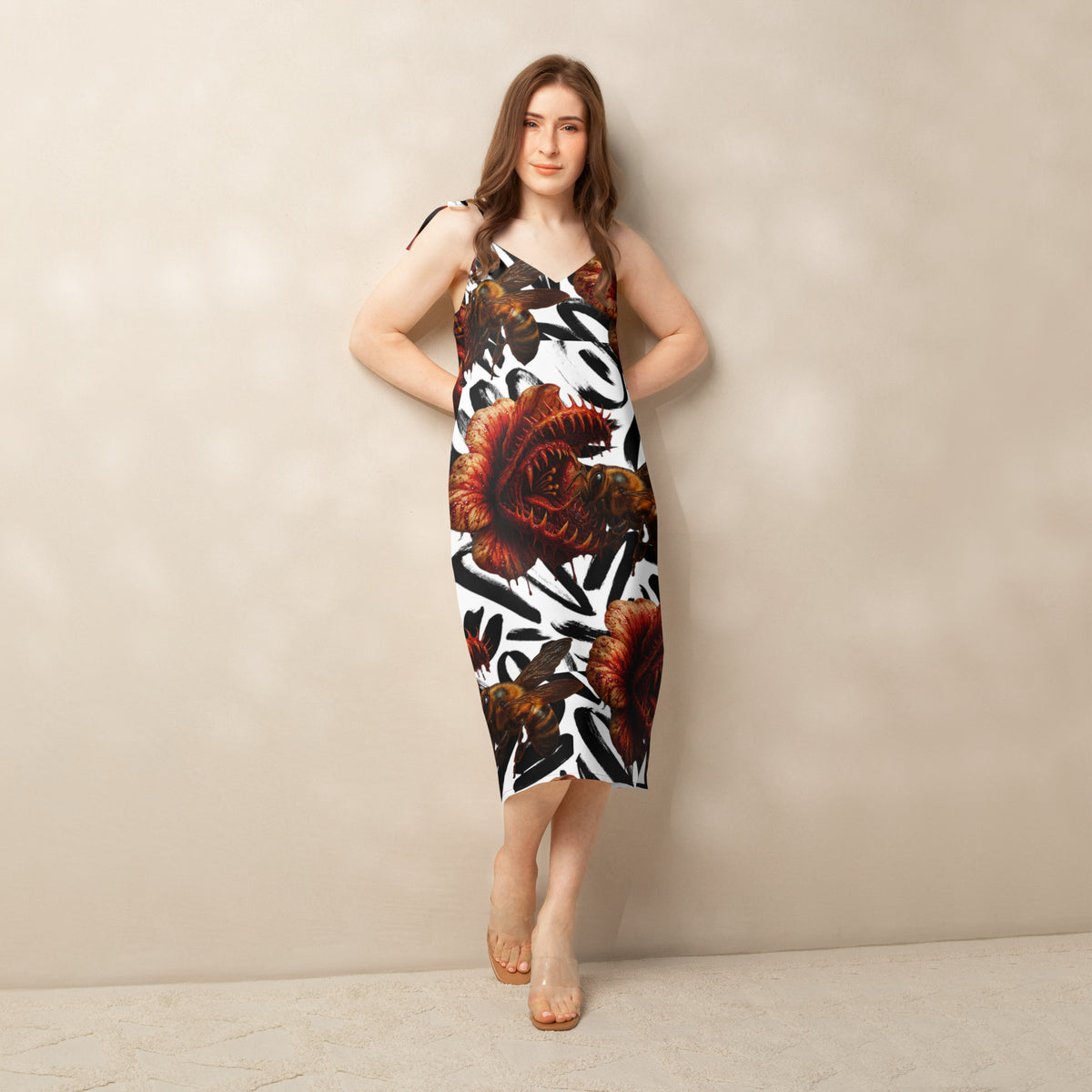 Predator Bloom slip dress by Honest Hustle World with flower-and-bee graphic, front view