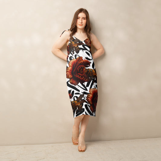 Predator Bloom slip dress by Honest Hustle World with flower-and-bee graphic, front view