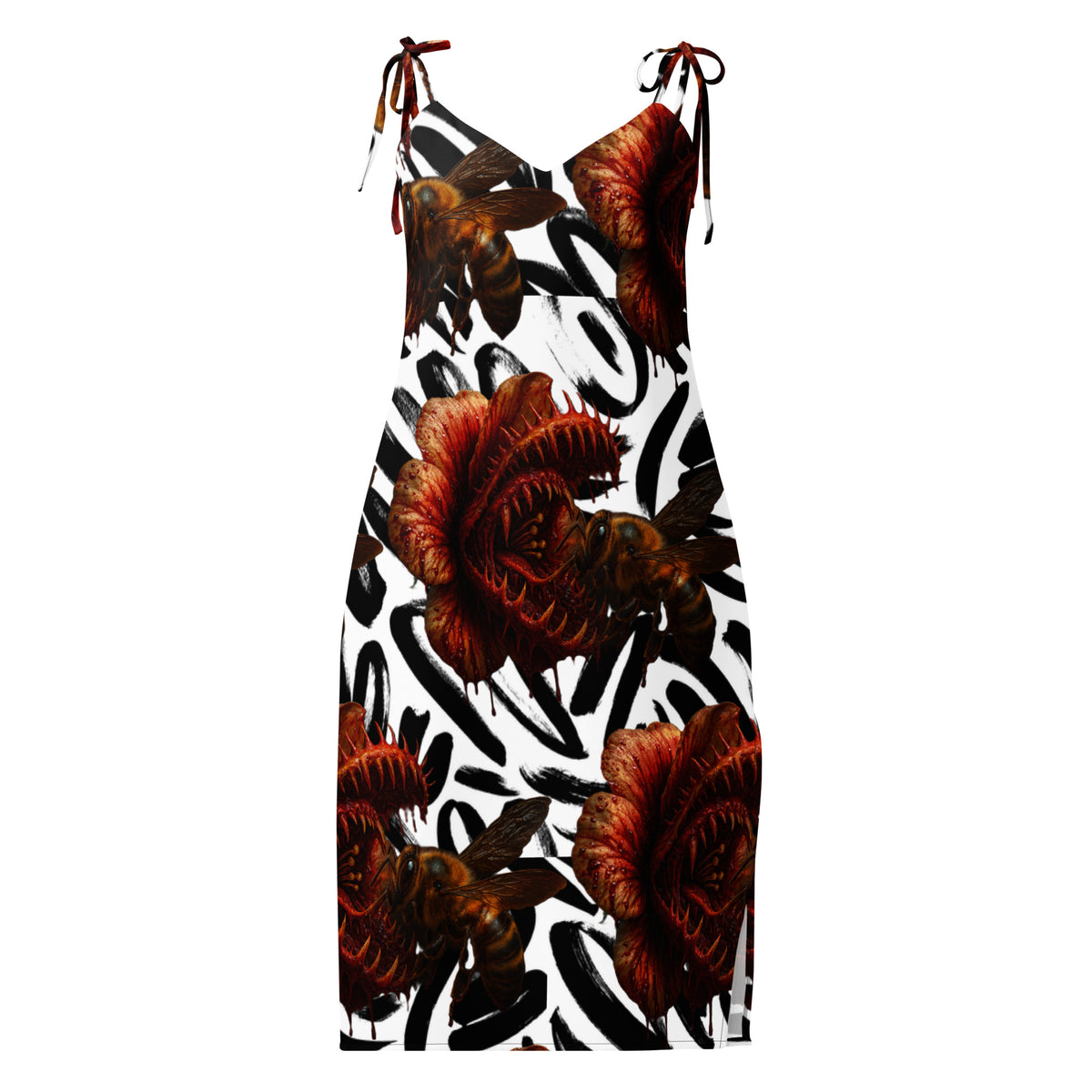 Predator Bloom slip dress by Honest Hustle World with flower-and-bee graphic, front view