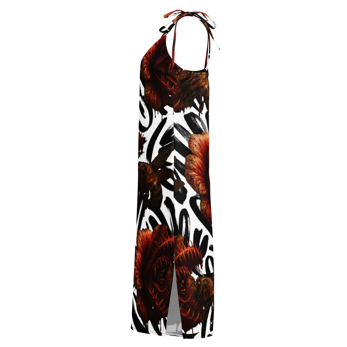 Predator Bloom slip dress by Honest Hustle World with flower-and-bee graphic, left view