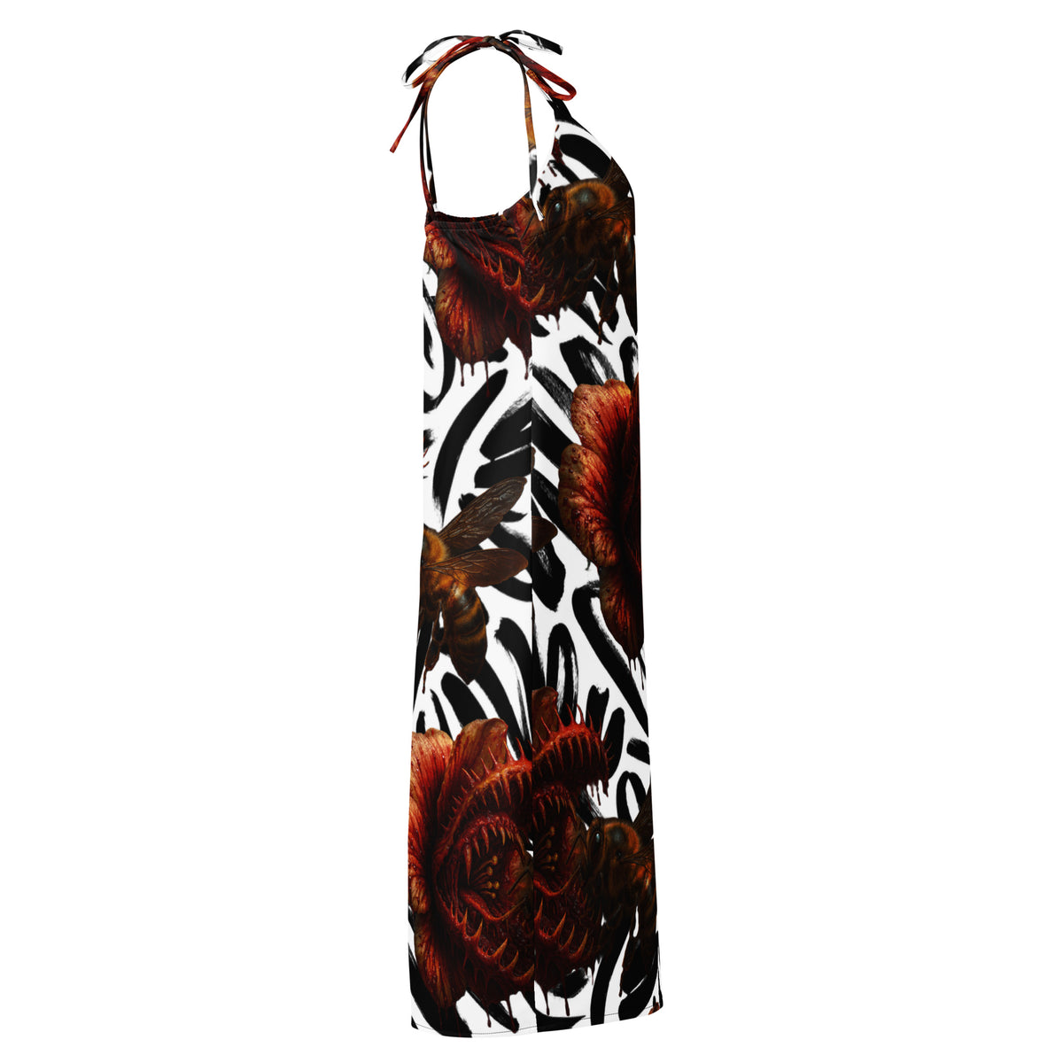 Predator Bloom slip dress by Honest Hustle World with flower-and-bee graphic, right view