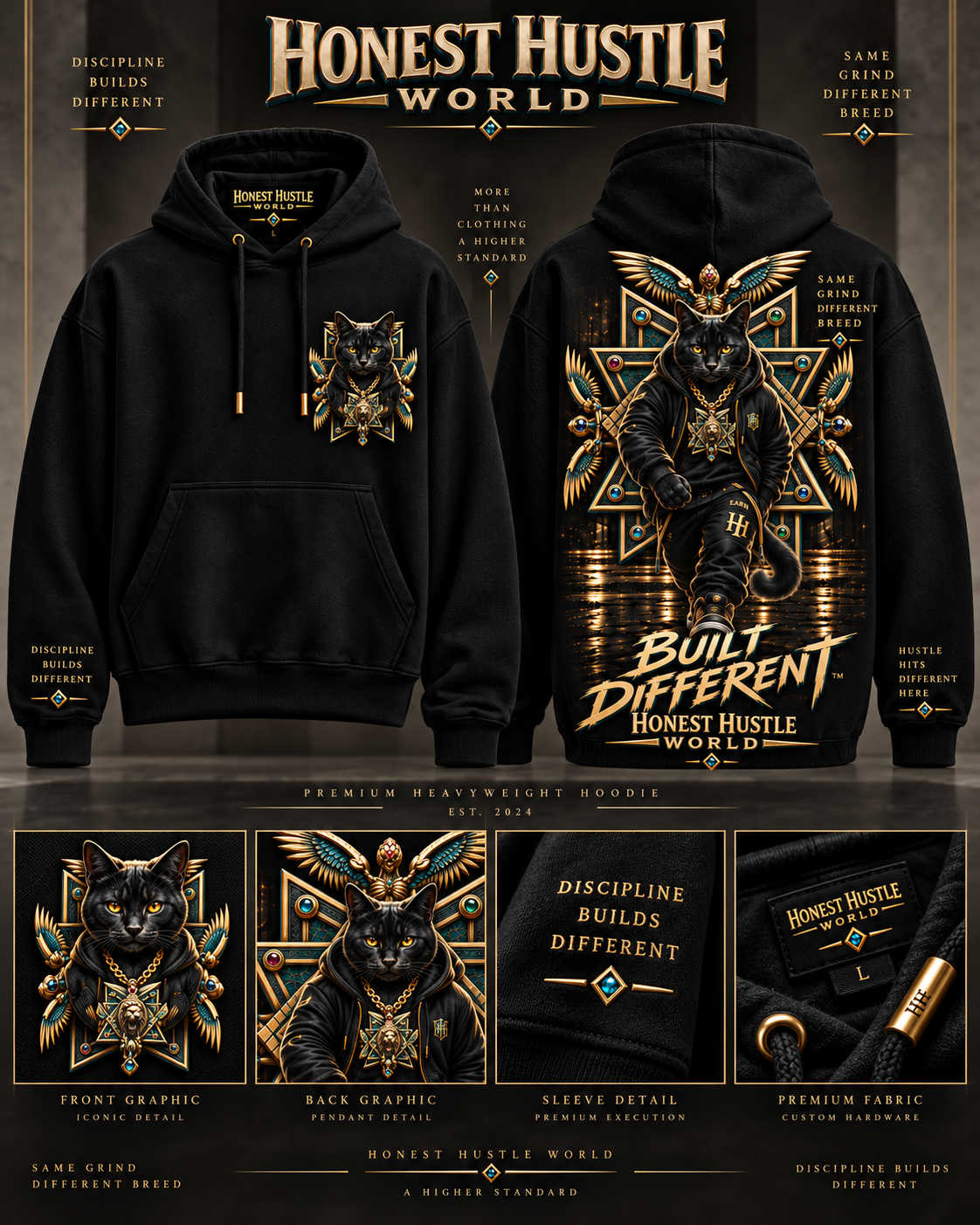 BUILT DIFFERENT Black Cat Heavyweight Hoodie details