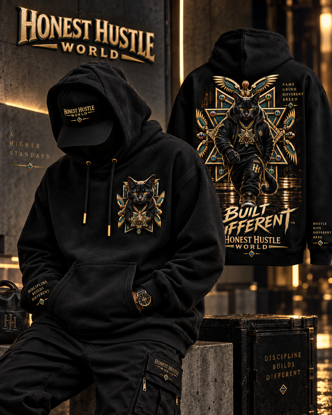 BUILT DIFFERENT Black Cat Heavyweight Hoodie lifestyle mockup