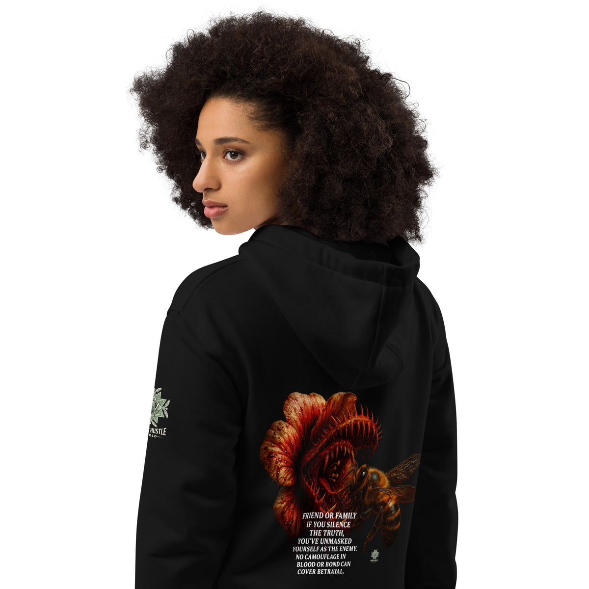Hoodie from Honest Hustle World — BLOOM Trap & Truth flower-and-bee graphic, back view
