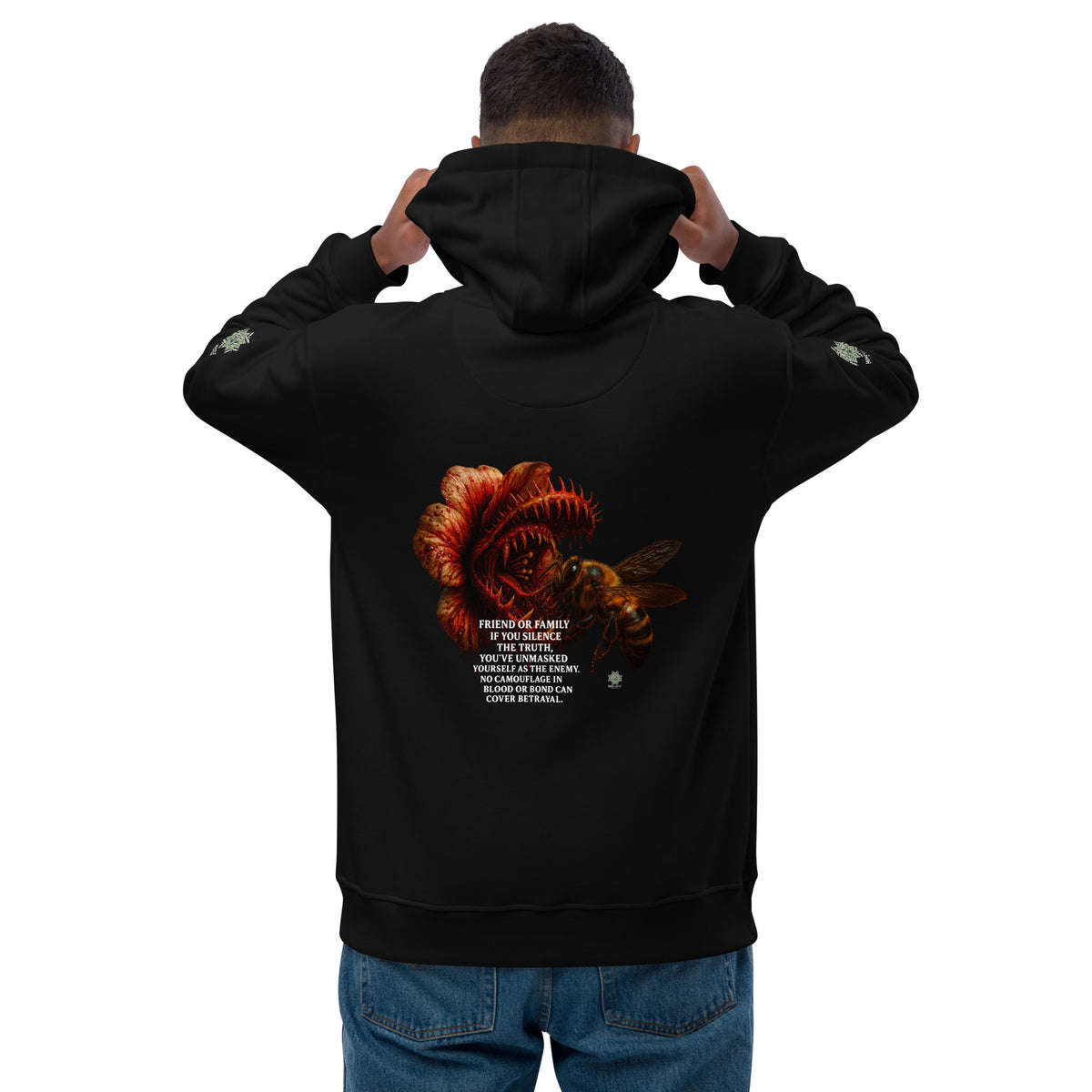 Hoodie from Honest Hustle World — BLOOM Trap & Truth flower-and-bee graphic, back view