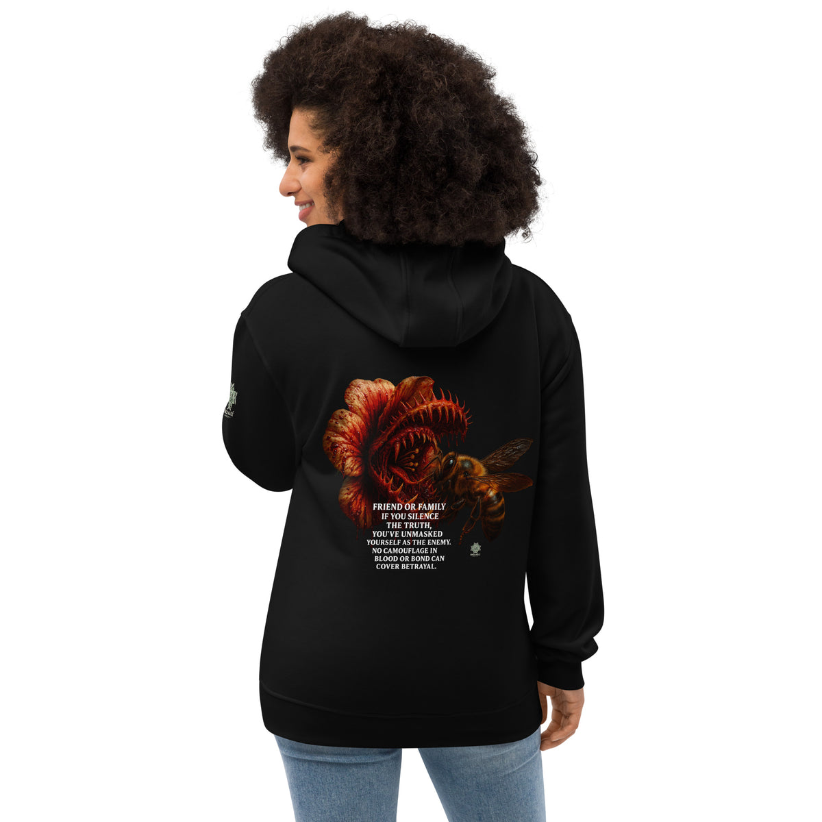 Hoodie from Honest Hustle World — BLOOM Trap & Truth flower-and-bee graphic, back view
