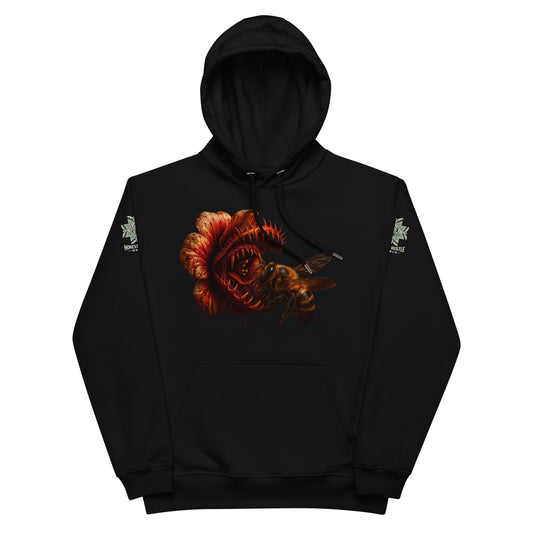 Hoodie from Honest Hustle World — BLOOM Trap & Truth flower-and-bee graphic, front view