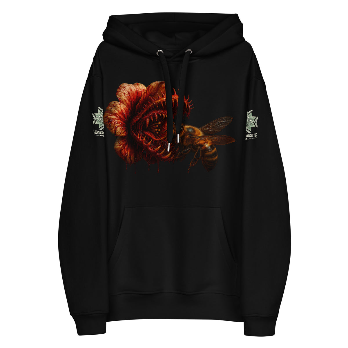 Hoodie from Honest Hustle World — BLOOM Trap & Truth flower-and-bee graphic, front view